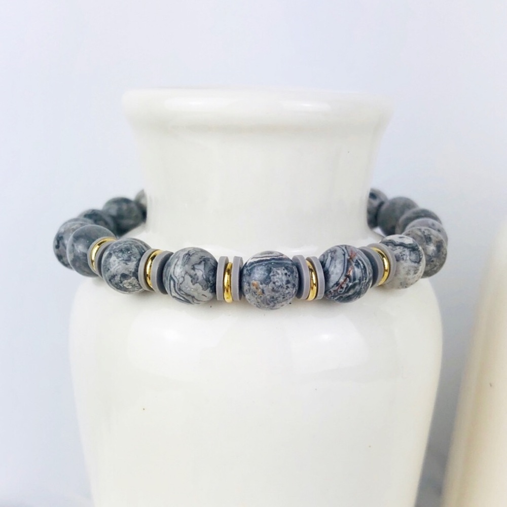 GEMSTONE | Map Jasper Gray Beaded Bracelet